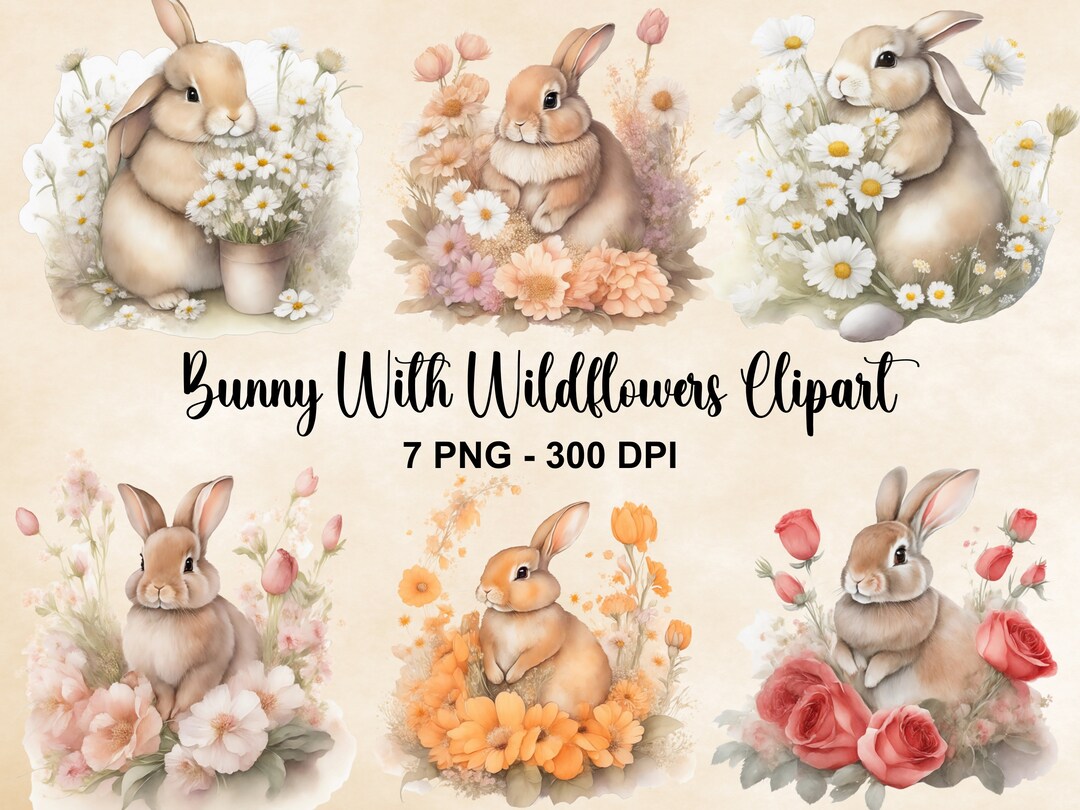 Watercolor Bunny With Wildflowers Clipart, 7 PNG Bunny Clipart Set ...