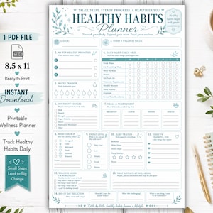 May include: A printable Healthy Habits Planner document measuring 8.5 by 11 inches. The white page features teal text and line art, including sections for daily wellness focus, habit tracking, water intake, meals, mood, energy, and sleep.