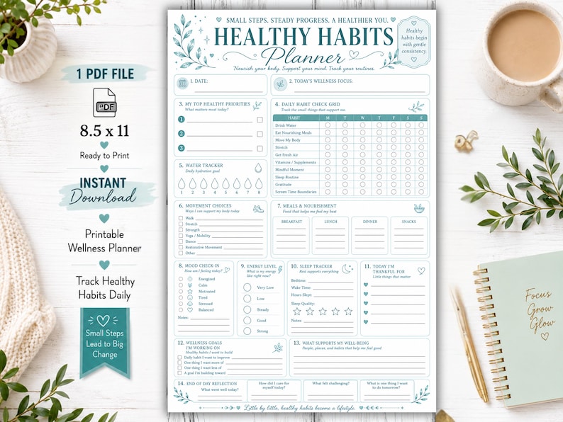 May include: A printable Healthy Habits Planner document measuring 8.5 by 11 inches. The white page features teal text and line art, including sections for daily wellness focus, habit tracking, water intake, meals, mood, energy, and sleep.