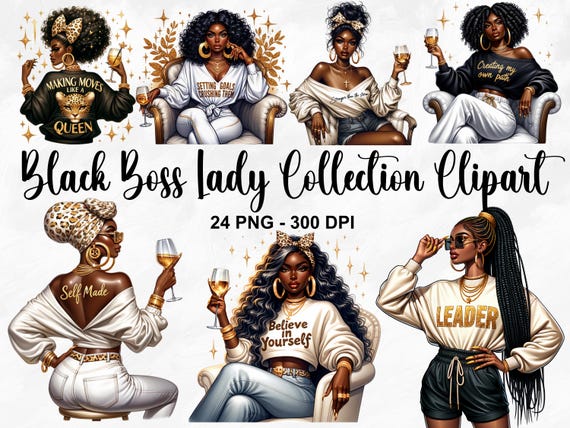 Watercolor Black Boss Lady Collection Clipart, 24 PNG Black Woman Clipart, Black Boss Lady Bundle Png, Girl Boss Bundle PNG, Commercial Use