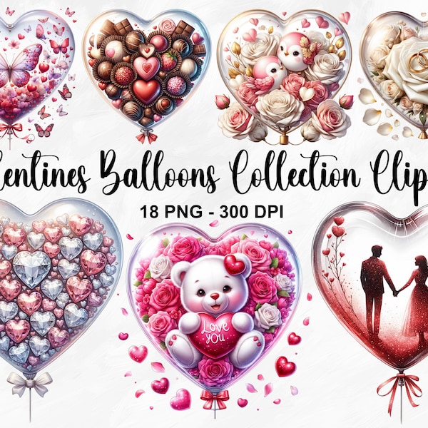 Watercolor Valentines Balloons Collection Clipart, 18 PNG Valentines Day Clipart, Heart Balloon Clipart, Wedding Balloon PNG, Commercial Use