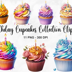 Coleção de cupcakes de aniversário em aquarela Clipart, 11 PNG Clipart de aniversário, Cupcake de aniversário PNG, Clipart de festa de aniversário, Uso comercial
