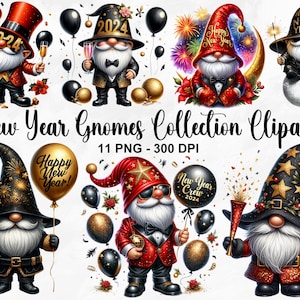 Acuarela Año Nuevo Gnomos Colección Clipart, 11 PNG Holiday Gnomes Clipart, Fantasy Clipart, Party Gnomes, Gnomos PNG, Uso Comercial