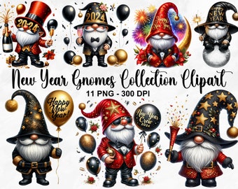 Watercolor New Year Gnomes Collection Clipart, 11 PNG Holiday Gnomes Clipart, Fantasy Clipart, Party Gnomes, Gnomes PNG, Commercial Use