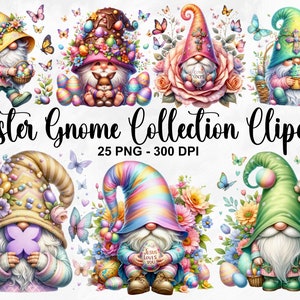 Imágenes prediseñadas de la colección de gnomos de Pascua de acuarela, 25 imágenes prediseñadas de Pascua PNG, paquete de imágenes prediseñadas de gnomos de Pascua, gnomos de primavera, gnomos de flores, uso comercial