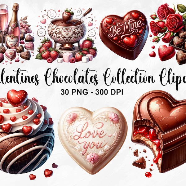 Watercolor Valentines Chocolates Clipart, 30 PNG Valentines Day Clipart, Valentines Candy Heart, Chocolates, Sweets Clipart, Commercial Use