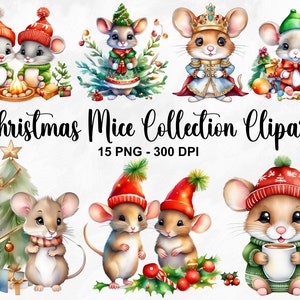 Acuarela Navidad Ratones Colección Clipart, 15 PNG Navidad Ratones Clipart, Lindo Ratón PNG, Paquete de Invierno, Paquete de Navidad, Uso Comercial