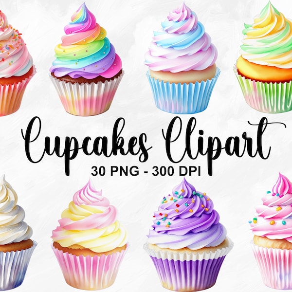 Watercolor Cupcakes Clipart, 30 PNG Cupcake Clip Art, Watercolor Cupcakes Bundle, Dessert Clipart Png, Cupcake Clipart, Commercial Use