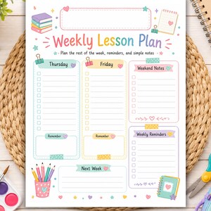 May include: A weekly lesson plan printable sheet with pastel-colored headers, checklist boxes, and sections for Thursday, Friday, weekend notes, and reminders. The design features illustrations of stacked books, a notepad, and a pencil cup with pencils.