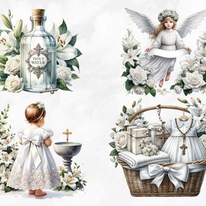 May include: A set of four watercolor illustrations featuring a white baptism gown, a bottle of holy water, a basket of gifts, and an angel with a banner. The illustrations are surrounded by white lilies and roses.