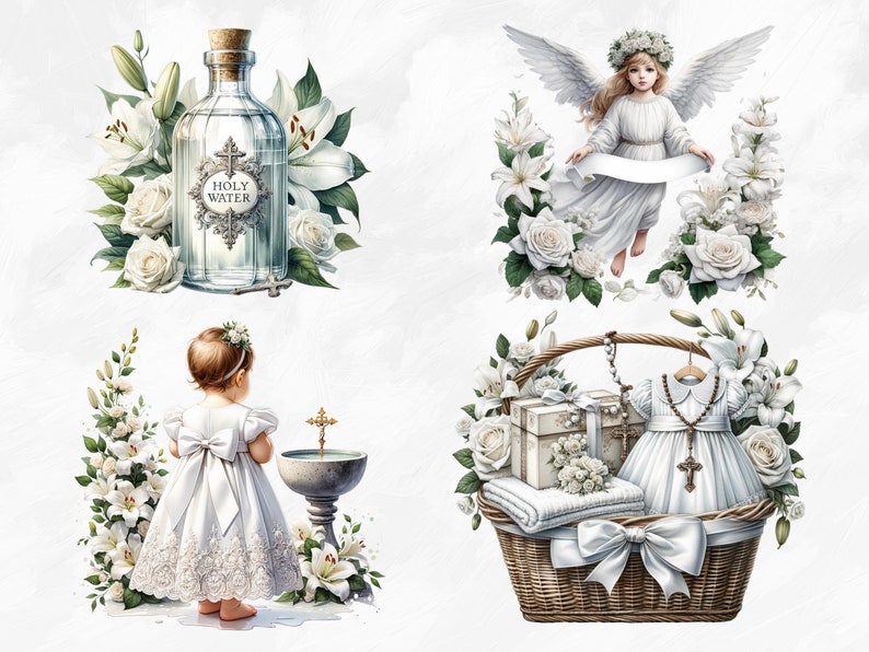 May include: A set of four watercolor illustrations featuring a white baptism gown, a bottle of holy water, a basket of gifts, and an angel with a banner. The illustrations are surrounded by white lilies and roses.