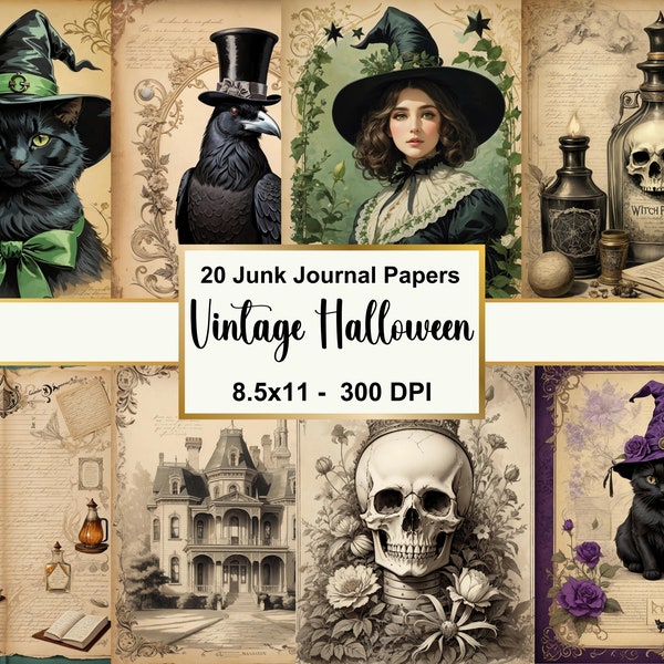 Vintage Halloween Junk Journal Pages, Halloween Junk Journal Paper, Victorian Halloween Collage Printable, Gothic Halloween, Commercial Use