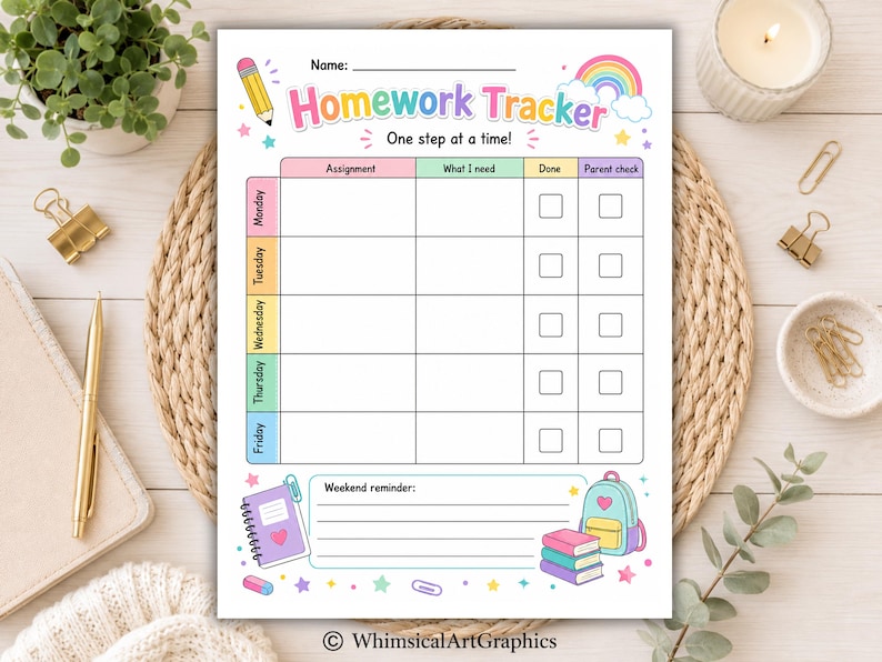 May include: A printed homework tracker sheet featuring a colorful design with a rainbow, pencil, and backpack. The grid includes columns for assignment, what I need, done, and parent check, with rows for Monday through Friday and a weekend reminder.