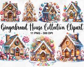 Watercolor Gingerbread House Collection Clipart, 11 PNG Christmas Clipart, Festive Cookie Graphics, Holiday Printables, Commercial Use