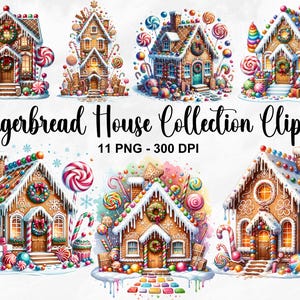 Op de afbeelding: Een verzameling van 11 digitale clipart-afbeeldingen van gingerbreadhuizen versierd met snoep, glazuur en andere feestelijke details. De afbeeldingen zijn in PNG-formaat en hebben een resolutie van 300 DPI. Gingerbread House Collection Clipart 11 PNG - 300 DPI