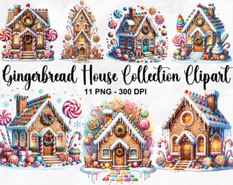 May include: A collection of 11 digital clipart images of gingerbread houses decorated with candy, frosting, and other festive details.  The images are in PNG format and are 300 DPI.  Gingerbread House Collection Clipart 11 PNG - 300 DPI