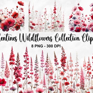 Clipart de flores silvestres em aquarela dos namorados, 8 clipart de bordas florais PNG, clipart de flores silvestres, clipart de dia dos namorados, uso comercial
