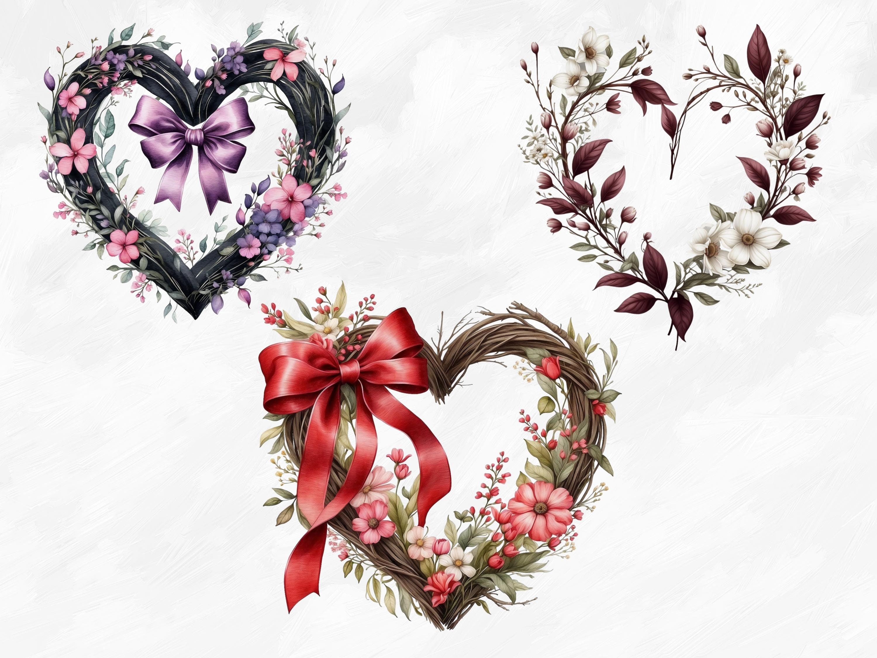 Watercolor Valentines Heart Wreath Clipart, 11 PNG Valentines Day ...