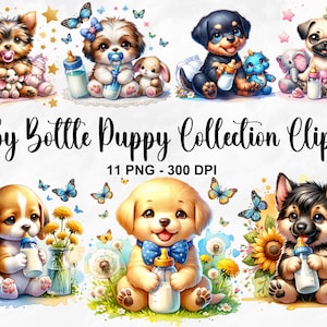 Aquarel babyfles puppy collectie clipart, 11 PNG puppy hond clipart, babyfles clipart, schattige hondenras illustratie, commercieel gebruik
