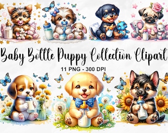 Watercolor Baby Bottle Puppy Collection Clipart, 11 PNG Puppy Dog Clipart, Baby Bottle Clipart, Cute Dog Breed Illustration, Commercial Use