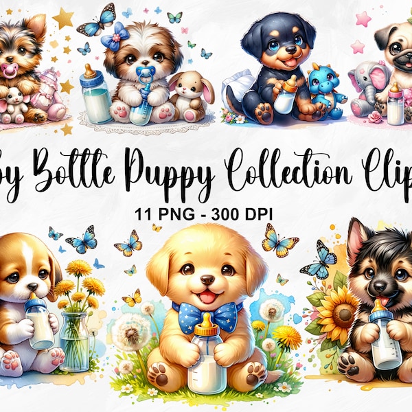 Watercolor Baby Bottle Puppy Collection Clipart, 11 PNG Puppy Dog Clipart, Baby Bottle Clipart, Cute Dog Breed Illustration, Commercial Use
