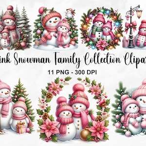 Acuarela rosa muñeco de nieve familia clipart, 11 PNG madre e hija muñeco de nieve clipart, lindo muñeco de nieve clipart, muñeco de nieve festivo, uso comercial