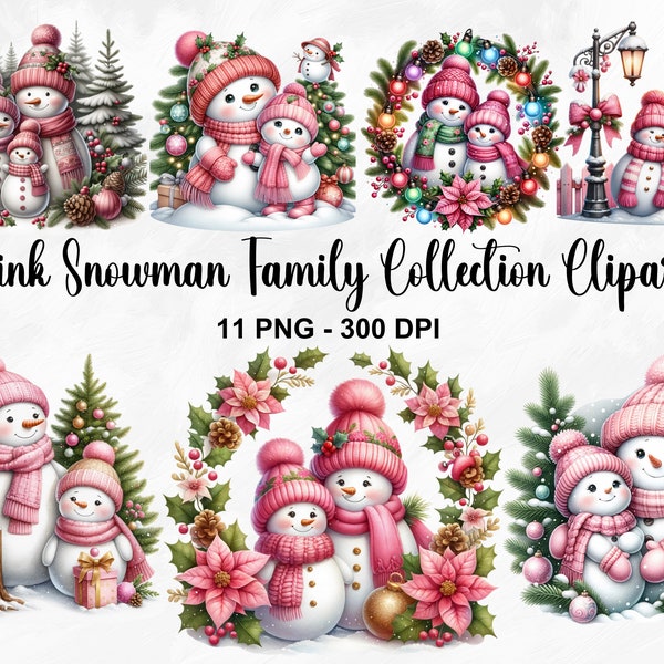 Watercolor Pink Snowman Family Clipart, 11 PNG Mother & Daughter Snowman Clipart, Cute Snowman Clipart, Festive Snowman, Commercial Use