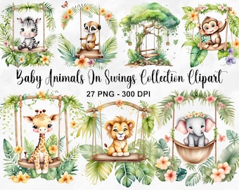 Watercolor Baby Animals On Swings Clipart, 27 PNG Safari Animals Clipart, Cute Baby Safari Animals Bundle, Nursery Animals, Commercial Use