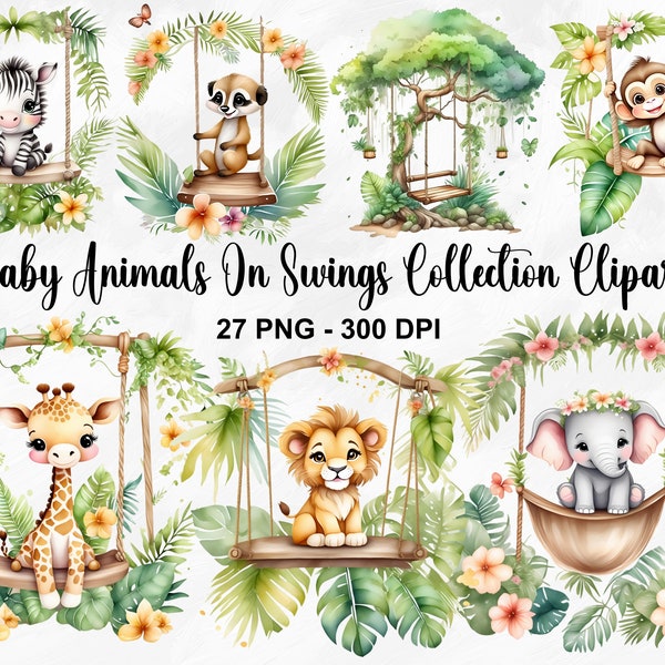 Watercolor Baby Animals On Swings Clipart, 27 PNG Safari Animals Clipart, Cute Baby Safari Animals Bundle, Nursery Animals, Commercial Use