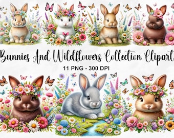 Watercolor Bunnies And Wildflowers Collection Clipart, 11 PNG Spring Clipart, Floral Bunny Clipart, Wildflower Meadow, Commercial Use