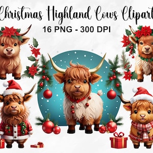 水彩クリスマス ハイランド牛のクリップアート、16 PNG ホリデー ハイランド牛のクリップアート、クリスマス ハイランド牛 PNG、クリスマス牛、商用利用