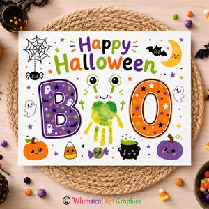 May include: A rectangular white sign with the text Happy Halloween in purple and green. The word BOO is featured with a purple letter B, a green handprint as the letter O, and an orange letter O. Graphics include ghosts, a spider, a moon, and pumpkins.