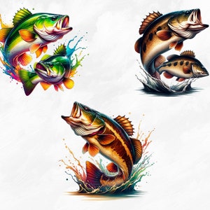 May include: Three colorful illustrations of bass fish jumping out of the water. The fish are depicted in a realistic style with vibrant colors and splashes of paint.