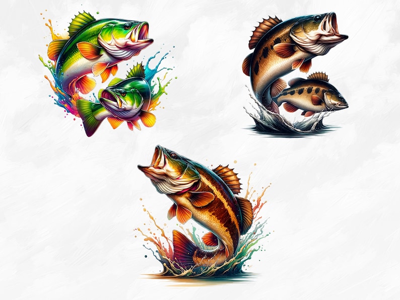 May include: Three colorful illustrations of bass fish jumping out of the water. The fish are depicted in a realistic style with vibrant colors and splashes of paint.