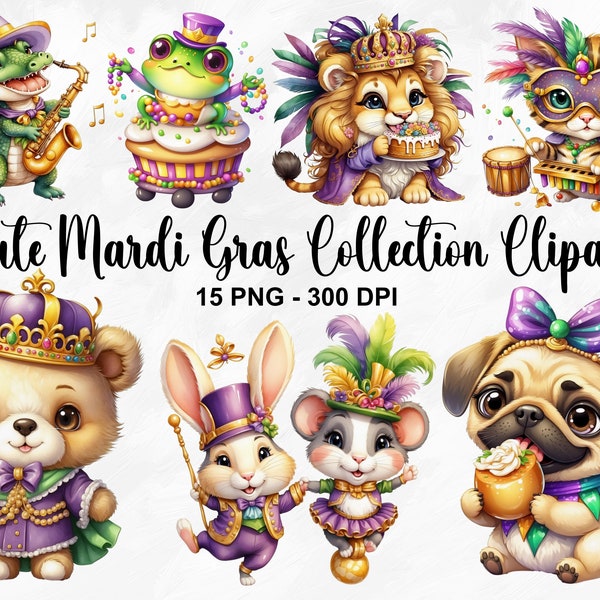Watercolor Cute Mardi Gras Collection Clipart, 15 PNG Mardi Gras Clipart, Cute Alligator Clipart, Cute Animals Clipart, Commercial Use