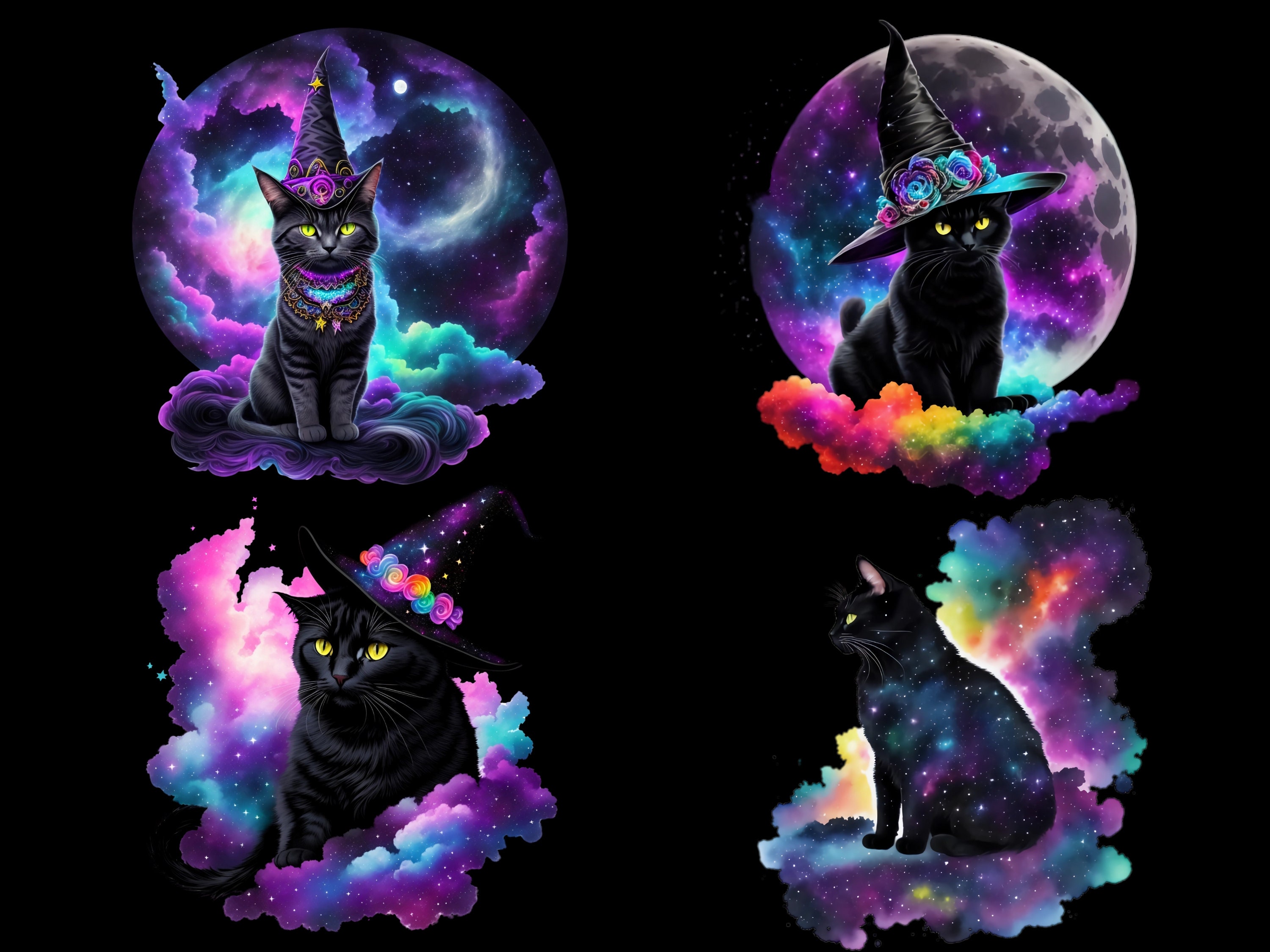 Watercolor Celestial Witchy Cats Clipart, 19 PNG Celestial Black Cat ...