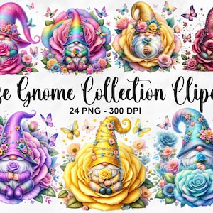 Aquarelle Rose Gnome Collection des cliparts, 24 PNG des cliparts fête des mères, lot de cliparts nain de fleurs, cliparts de printemps gnomes, usage Commercial