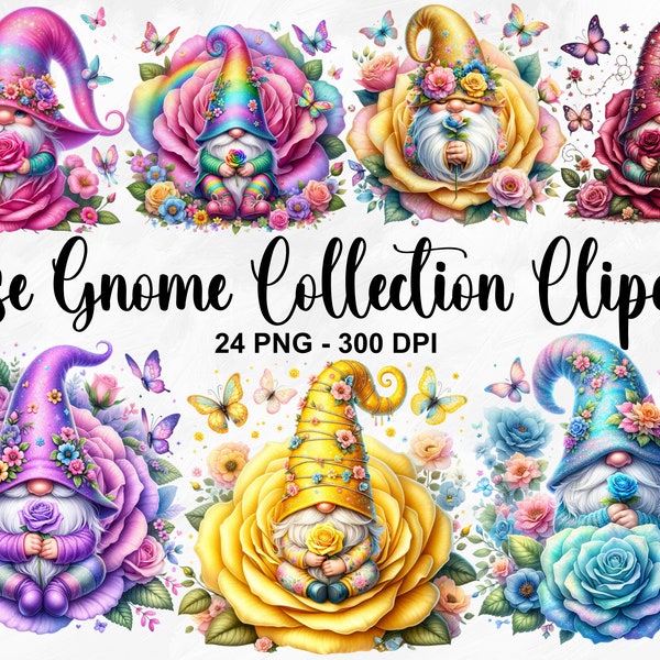 Aquarelle Rose Gnome Collection des cliparts, 24 PNG des cliparts fête des mères, lot de cliparts nain de fleurs, cliparts de printemps gnomes, usage Commercial