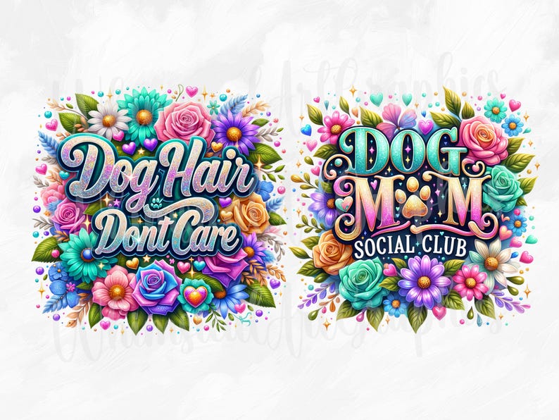 May include: Two colorful floral designs with text. One says "Dog Hair Don't Care" and the other says "Dog Mom Social Club". Both designs feature vibrant flowers in pink, blue, purple, and yellow.