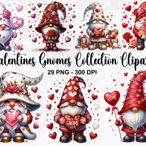 Clipart de gnomos de dia dos namorados em aquarela, 29 PNG clipart de gnomos festivos, clipart de dia dos namorados, gnomos PNG, clipart de fantasia, uso comercial