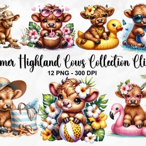 Acuarela verano Highland Cows Collection Clipart, 12 PNG Beach Clipart, Summer Clipart, Summer Cow Clipart Bundle, Océano, Uso Comercial
