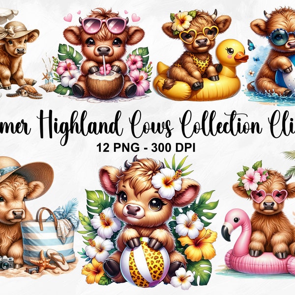 Watercolor Summer Highland Cows Collection Clipart, 12 PNG Beach Clipart, Summer Clipart, Summer Cow Clipart Bundle, Ocean, Commercial Use