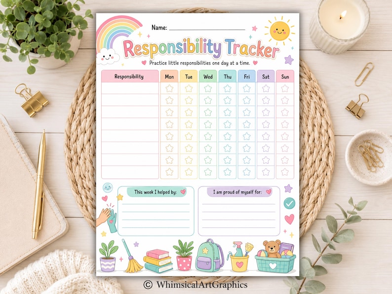 May include: A printed responsibility tracker chart featuring a rainbow, sun, and star icons. The document includes a weekly grid with columns for days of the week, a section for tasks, and areas labeled This week I helped by and I am proud of myself for.