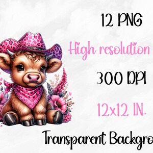 Puede incluir: Una vaca de dibujos animados linda con un sombrero de vaquero rosa y un pa&ntilde;uelo con flores rosas. La imagen es de 12x12 pulgadas y 300 DPI.