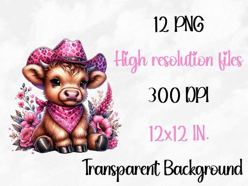 Puede incluir: Una vaca de dibujos animados linda con un sombrero de vaquero rosa y un pa&ntilde;uelo con flores rosas. La imagen es de 12x12 pulgadas y 300 DPI.