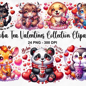 Clipart de coleção de dia dos namorados Boba Tea aquarela, 24 PNG clipart de dia dos namorados, clipart de animais fofos, chá Boba fofo PNG, uso comercial
