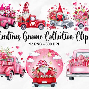 Watercolor Valentines Gnome Collection Clipart, 17 PNG Valentine Clipart, Valentines Gnome Clipart Bundle, Gnome Sublimation, Commercial Use