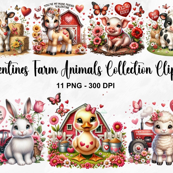 Watercolor Valentines Farm Animals Collection Clipart, 11 PNG Valentines Day Clipart, Cute Farm Clipart, Farm Animal Clipart, Commercial Use