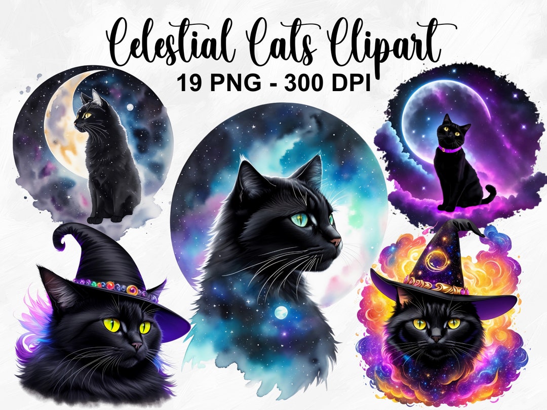 Watercolor Celestial Witchy Cats Clipart, 19 PNG Celestial Black Cat ...