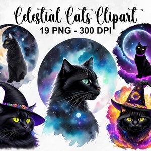 Aquarelle chats sorcières célestes des cliparts, 19 PNG Clipart chat noir céleste, clipart fantaisie, clipart magique, chats noirs, usage Commercial